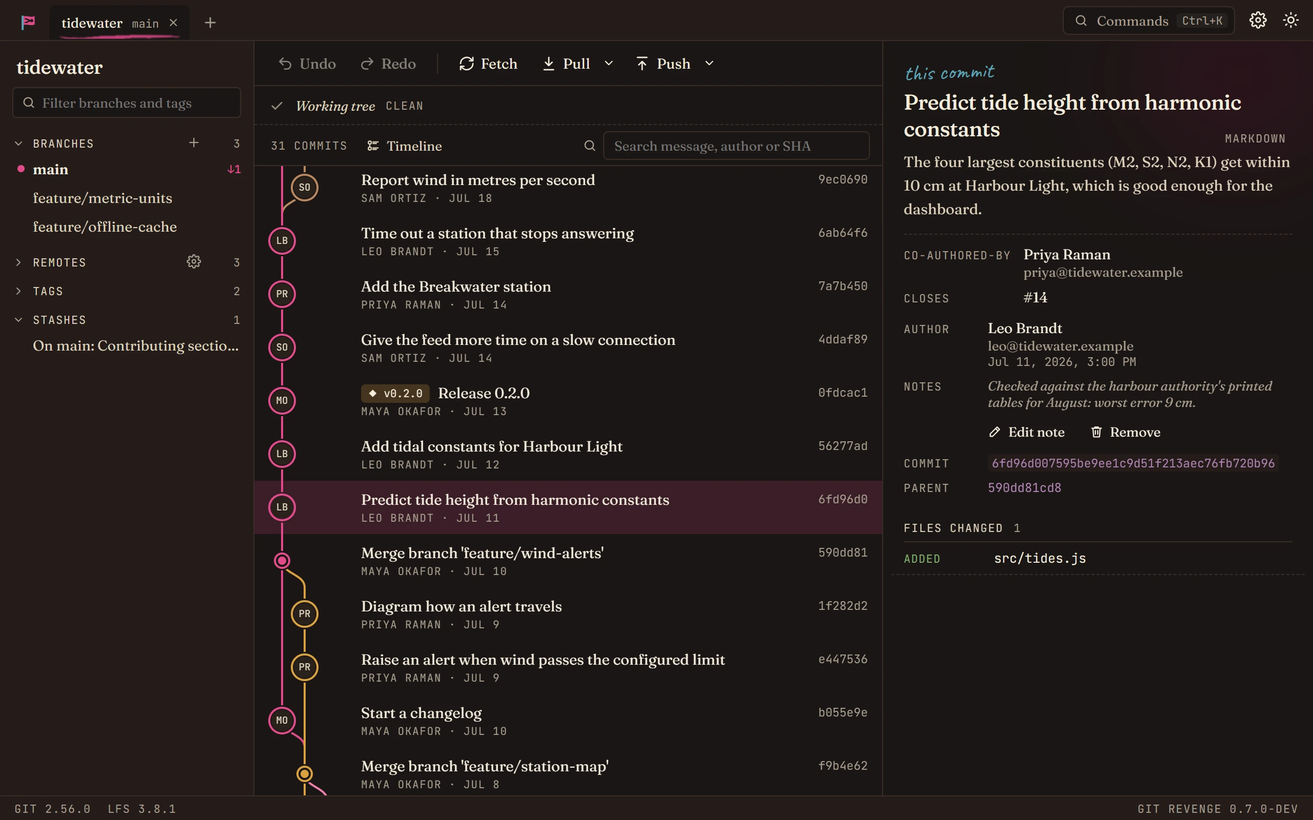 A commit's details: message, Co-authored-by and Closes trailers, author, and a git note