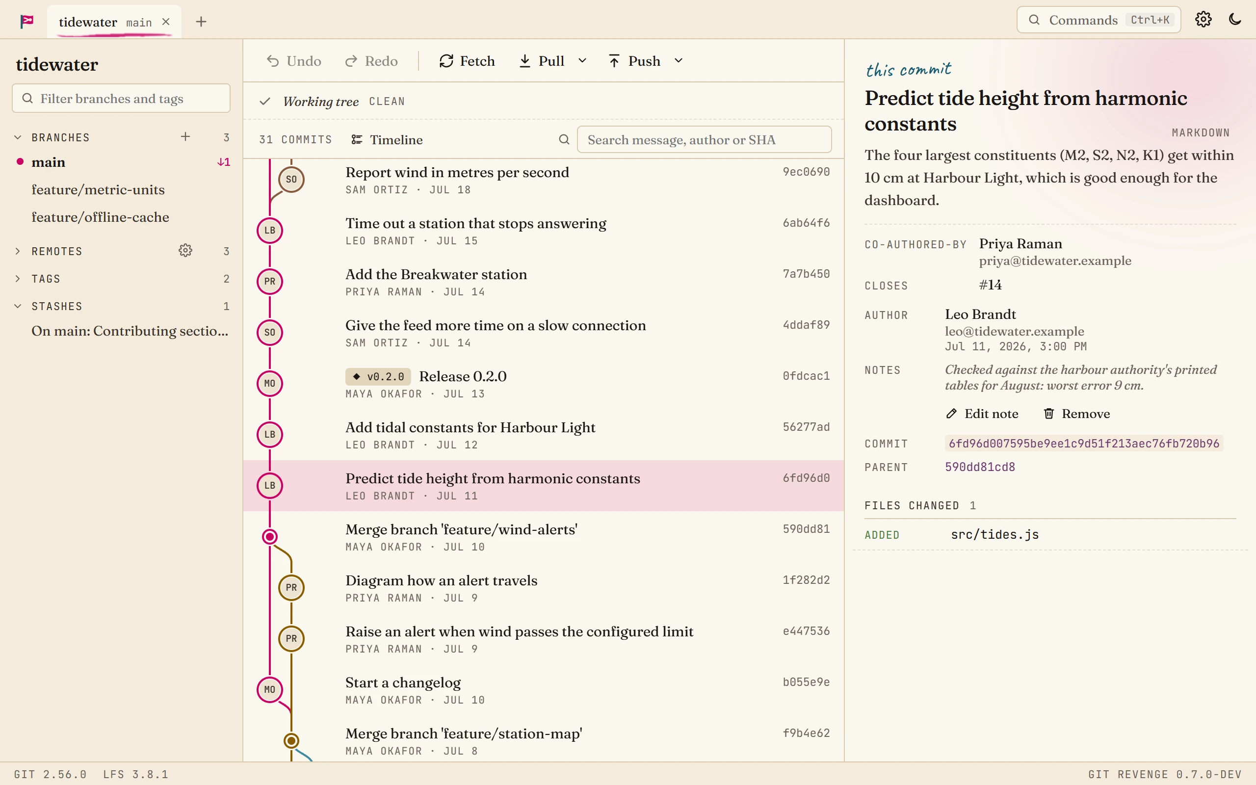 A commit's details: message, Co-authored-by and Closes trailers, author, and a git note