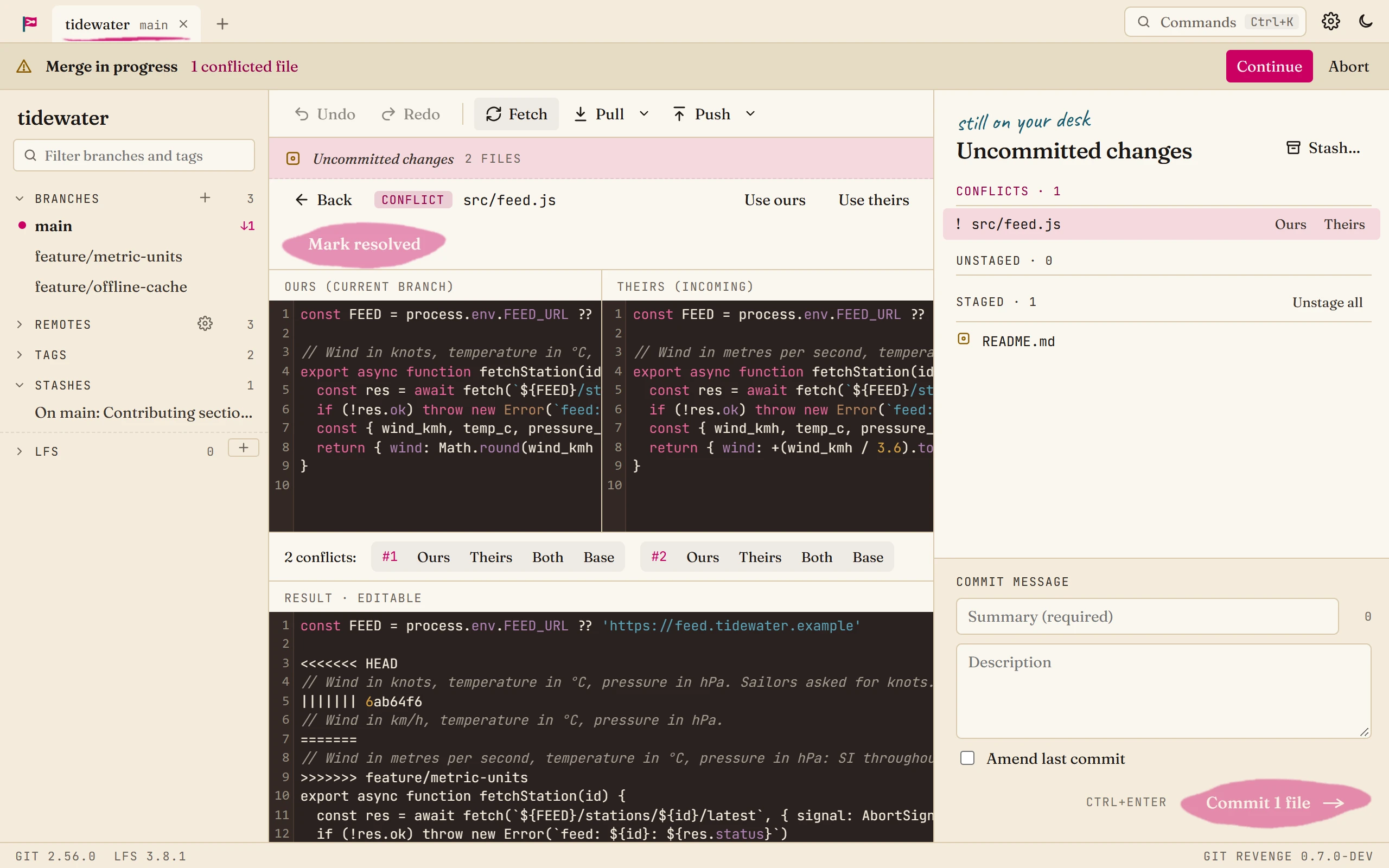 The conflict tool: ours and theirs side by side, with the editable result below