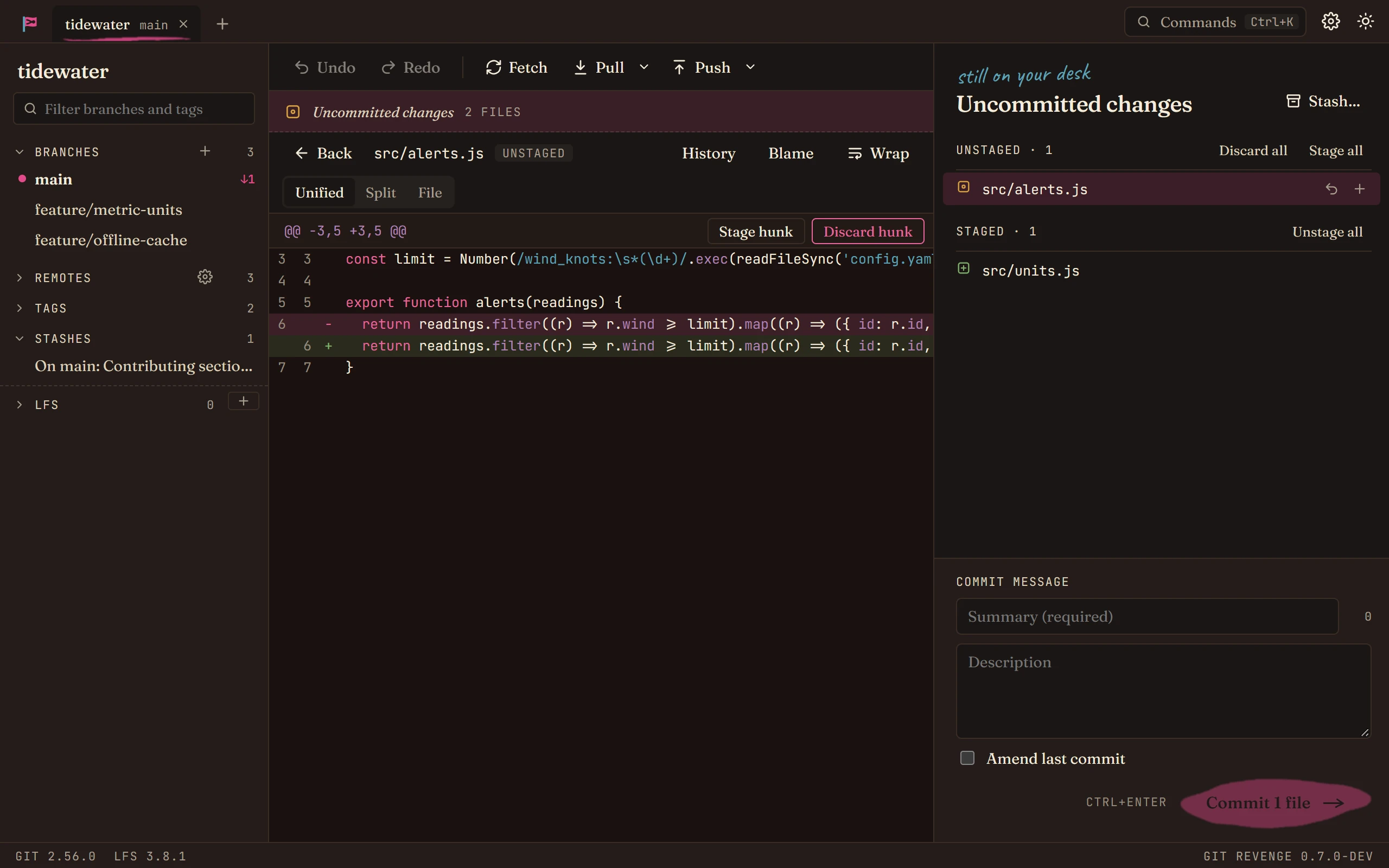The diff of src/alerts.js, with Stage hunk and Discard hunk buttons
