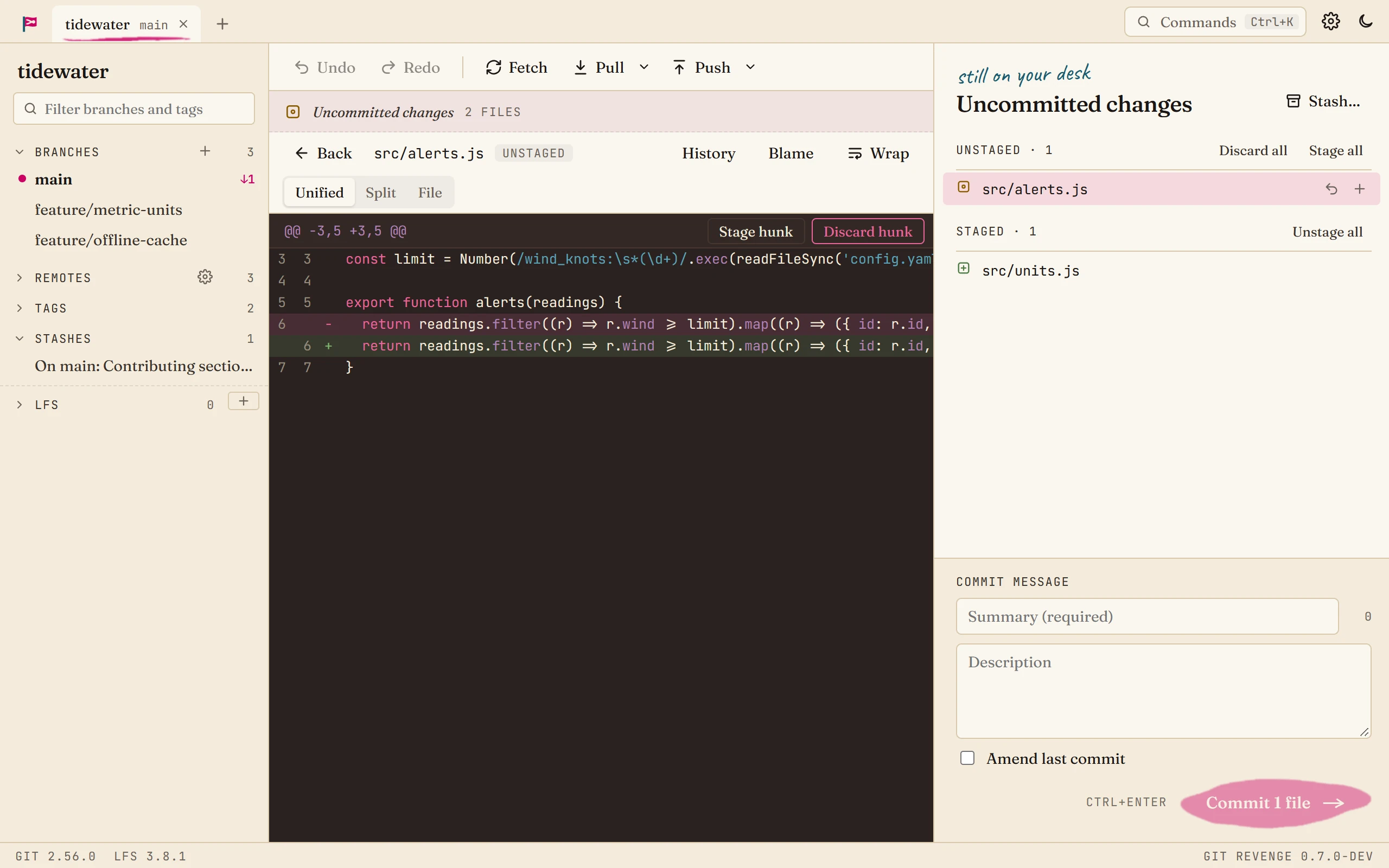 The diff of src/alerts.js, with Stage hunk and Discard hunk buttons