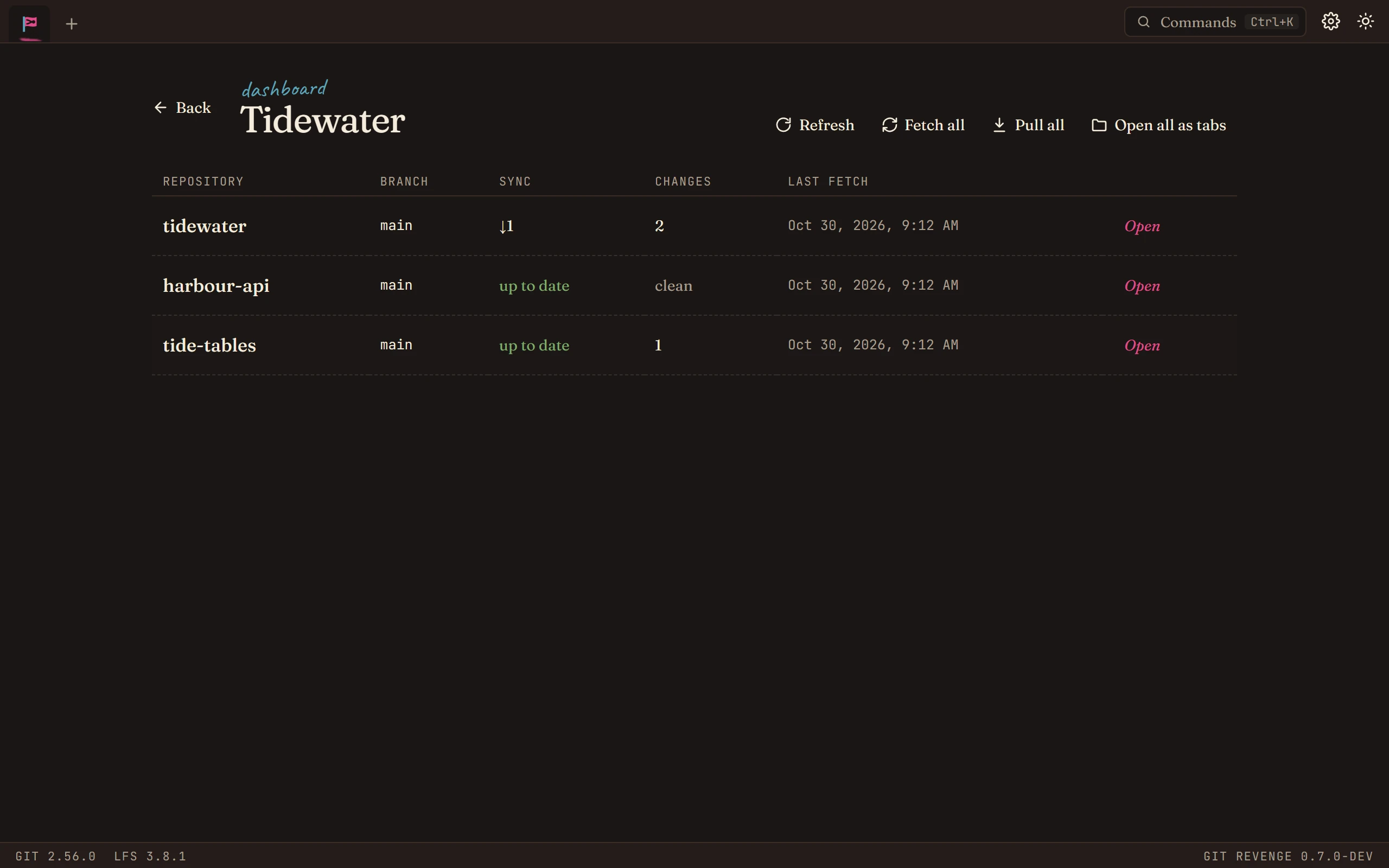 The group dashboard: each repository's branch, sync state, changes and last fetch