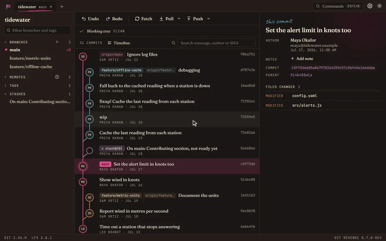 Searching the command palette for "pull reb", then running Fetch