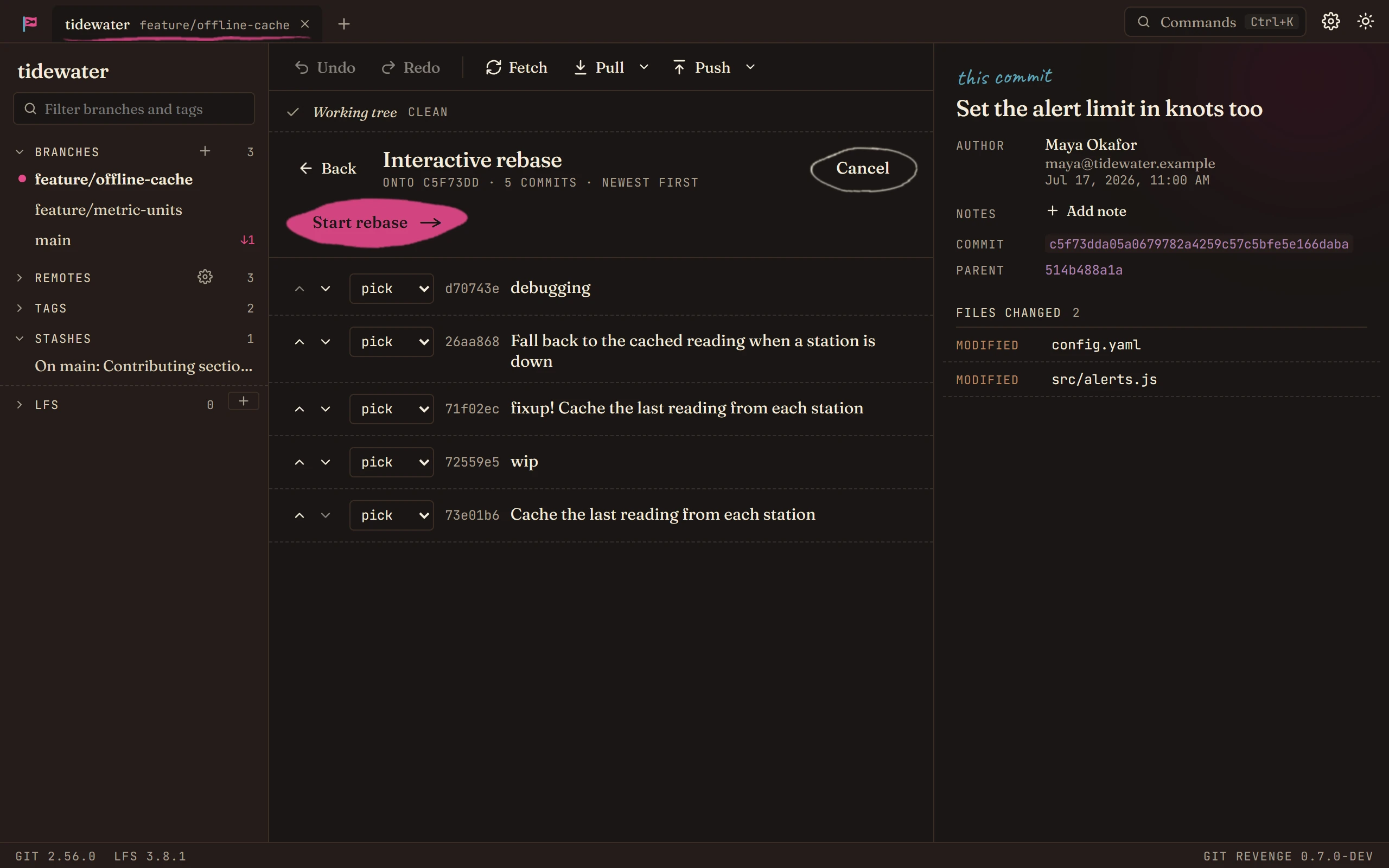 The interactive rebase editor listing five commits