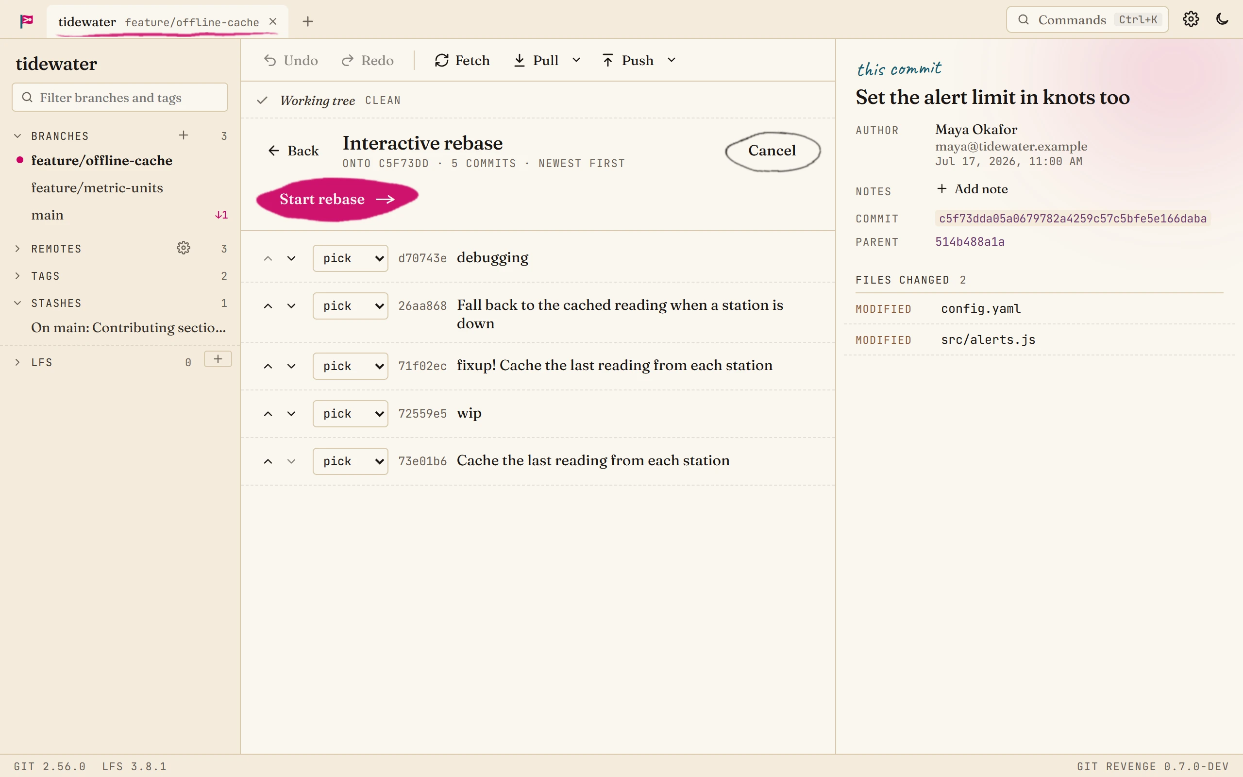 The interactive rebase editor listing five commits