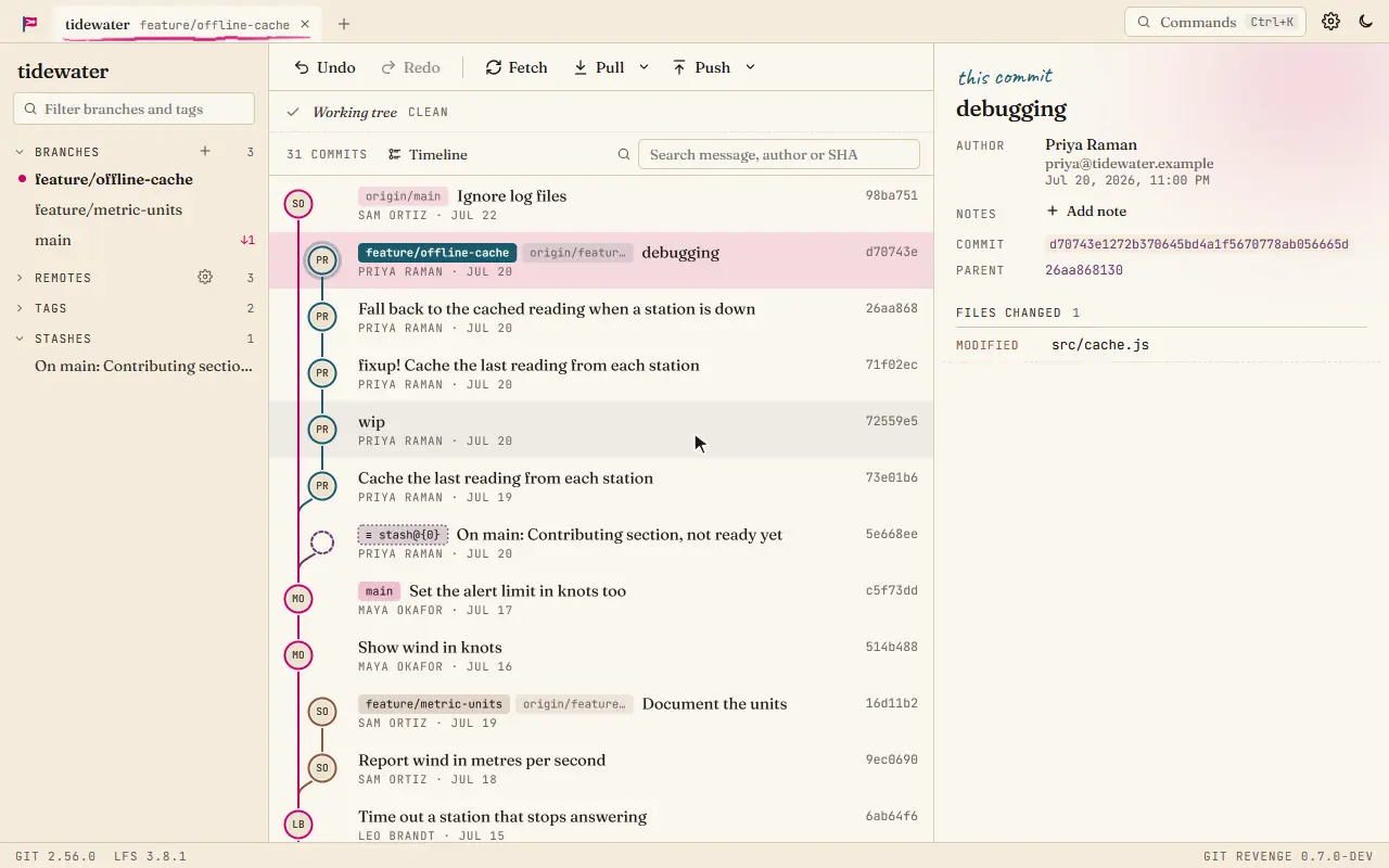 Interactive rebase: dropping a commit, marking a fixup and a squash, then running it