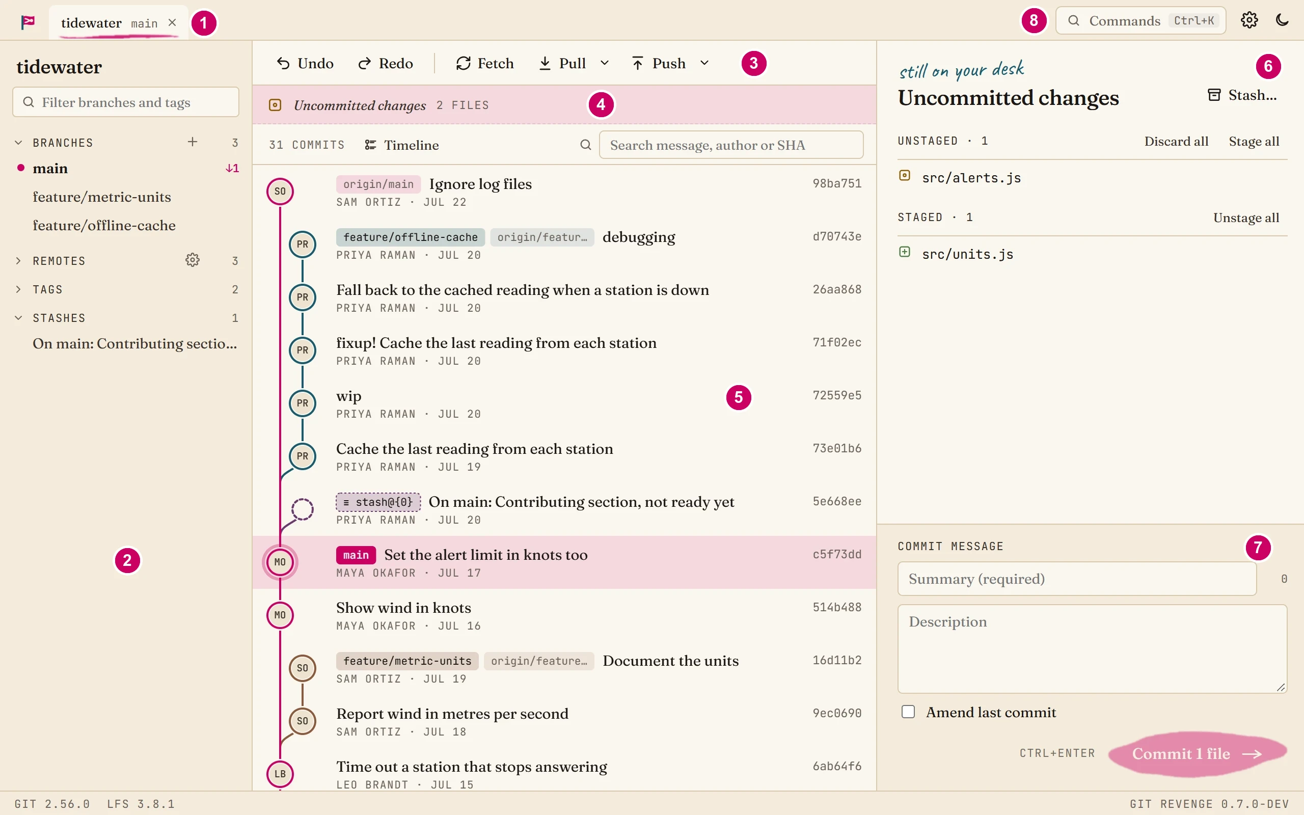 The Git Revenge window, with numbered markers on each part
