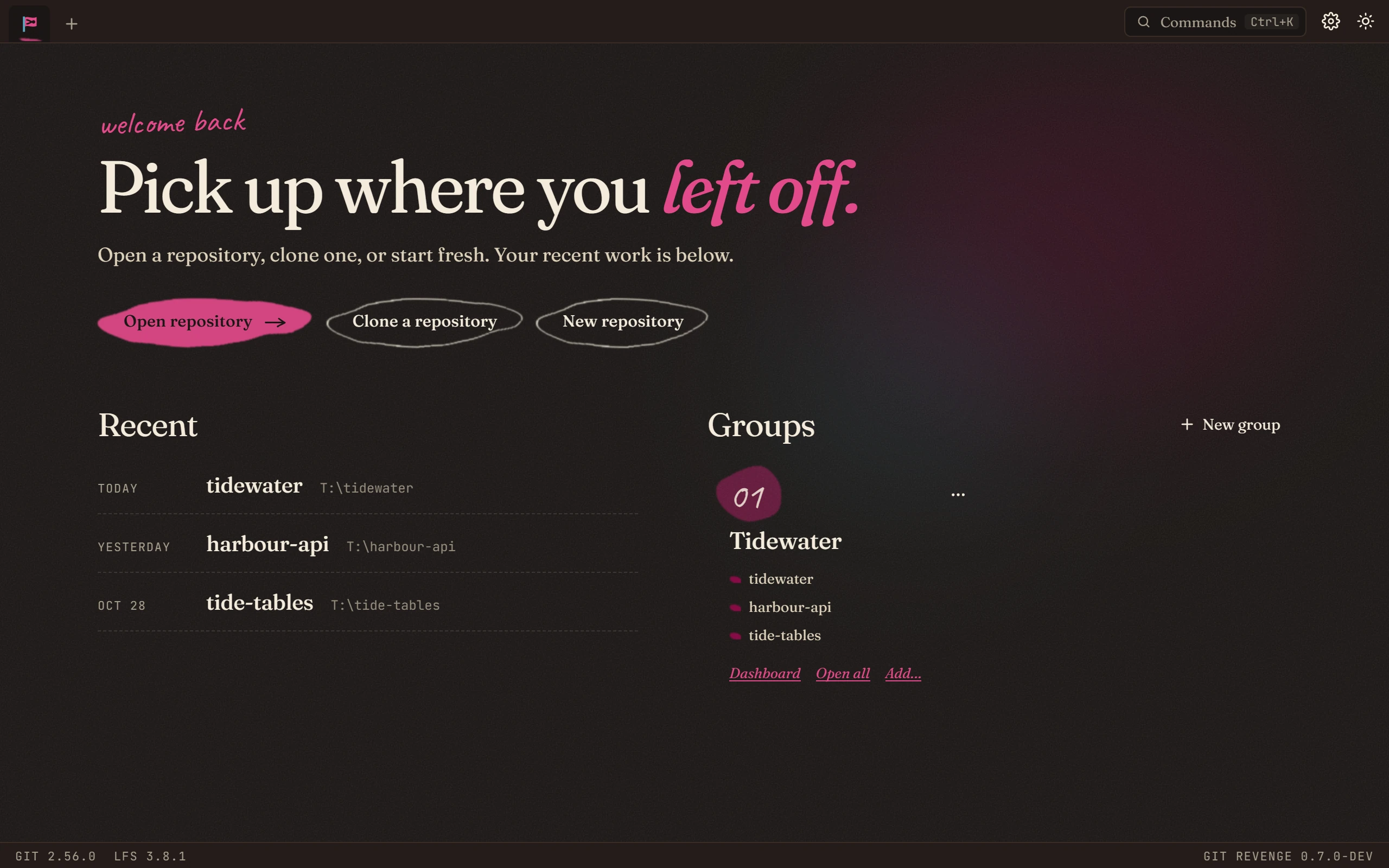 The start page, with recent repositories and a Tidewater group