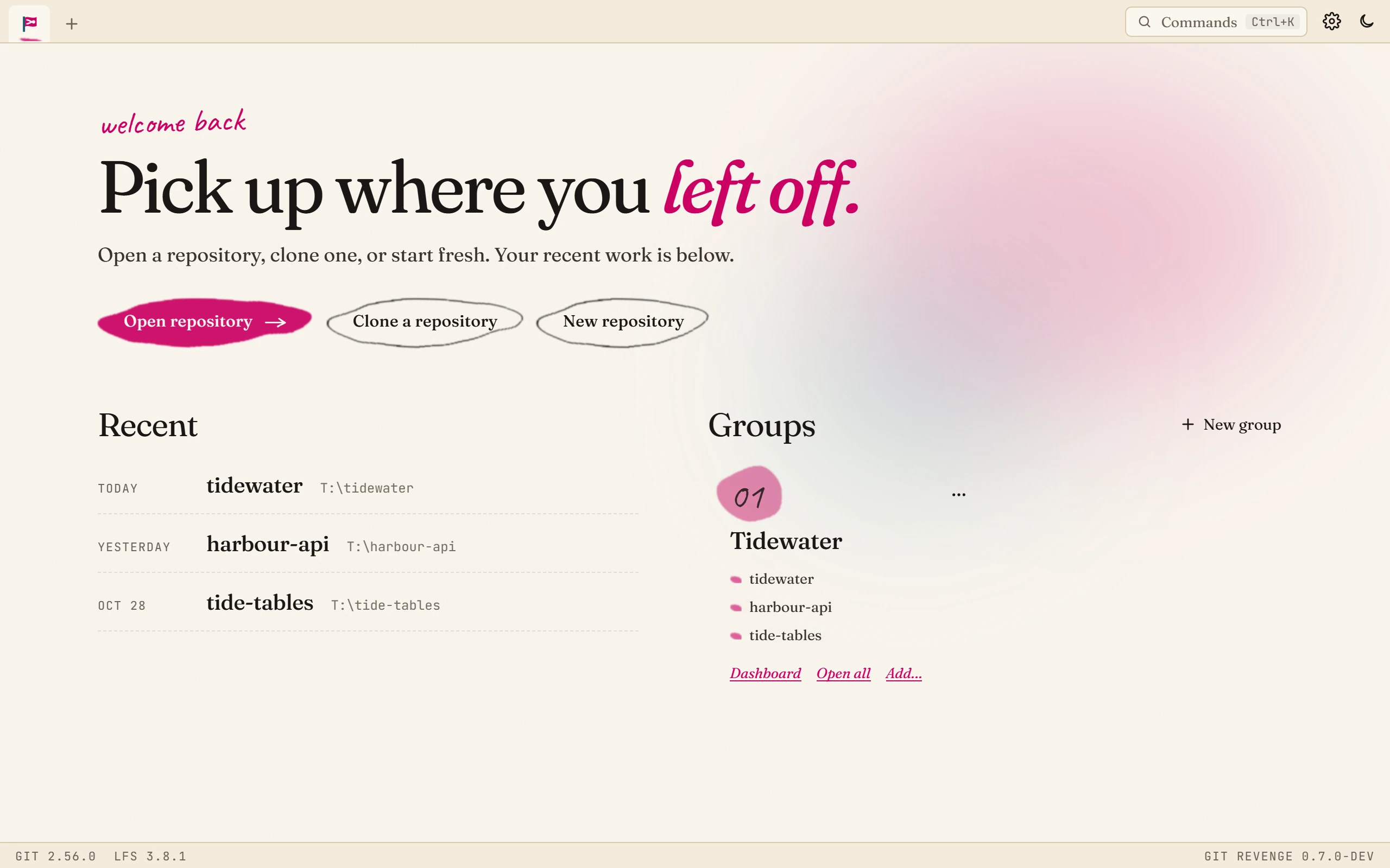 The start page, with recent repositories and a Tidewater group